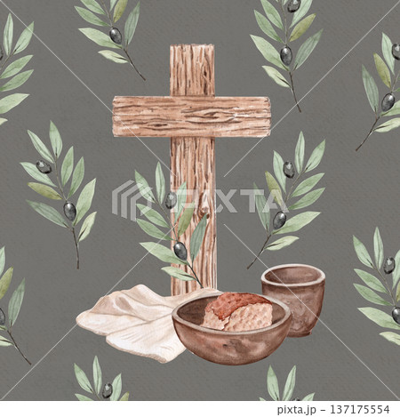 Wooden cross, olive branches, bread, linen cloth, bread wine seamless watercolor pattern on dark gray background. Sacred symbols for rustic communion, designed for church textiles, wallpaper, prints Wooden cross, olive branches, bread, linen cloth, bread wine seamless watercolor pattern on dark gray background. Sacred symbols for rustic communion, designed for church textiles, wallpaper, prints 137175554
