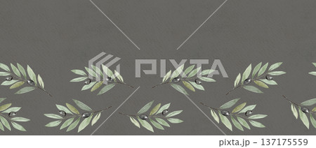 Olive branch horizontal watercolor seamless border isolated on gray. Illustration perfect for Christian design, Lent season, devotion projects, religious layouts. Symbol of peace, spiritual renewal. Olive branch horizontal watercolor seamless border isolated on gray. Illustration perfect for Christian design, Lent season, devotion projects, religious layouts. Symbol of peace, spiritual renewal. 137175559