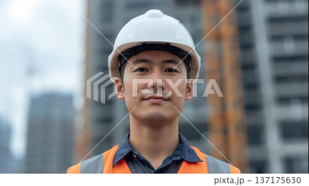 建設現場に立つヘルメットを装着した建設作業員の男性 建設現場に立つヘルメットを装着した建設作業員の男性 137175630
