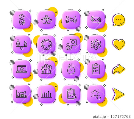 Checklist, Shoulder strap and Refresh mail line icons. App 3d buttons. Social media comment, share, like icons. Pack of Growth chart, Time, Inspect icon. Vector 137175768