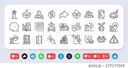 Charging station, Buildings and Brush line icons pack. Social media: share, comment, like icons. Solar panel, Antistatic, Open door web icon. Lighthouse, Warning, Entrance pictogram. Vector 137175805