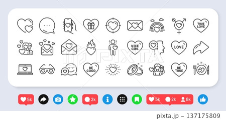 Heart flame, Heart and Dating app line icons pack. Social media: share, comment, like icons. Love, Romantic talk, Love letter web icon. Be good, Genders, Valentine pictogram. Vector 137175809