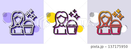 Cleaning service line icon. Halftone dotted pattern. Gradient icon with grain shadow. Woman with Bucket symbol. Washing Housekeeping equipment sign. Line cleaning icon. Various designs. Vector 137175950