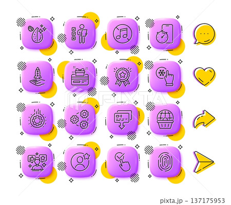 No music, Gears and Best friend line icons. App 3d buttons. Social media comment, share, like icons. Pack of Loyalty award, Online shopping, Social media icon. Vector 137175953