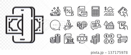 Cash transit, World money and Check investment line icons for web app. Glare of light effect. Message icon. Pack of Currency, Bank document, Atm service pictogram icons. Vector 137175978