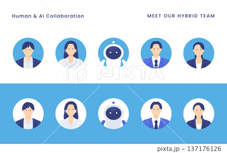 人間とAIの協働。清潔感のあるビジネスチームのプロフィールアイコンセット。 137176126