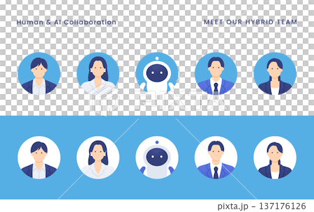 人間とAIの協働。清潔感のあるビジネスチームのプロフィールアイコンセット。 137176126