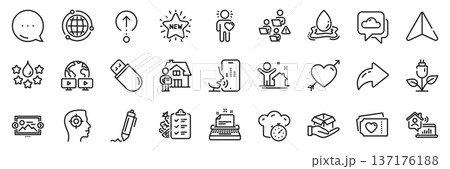 Usb stick, Love and Work home line icons pack. Share, Message, Paper plane icons. Friend, Cooking timer, Delivery man web icon. Eco power, Recruitment, Globe pictogram. Vector Usb stick, Love and Work home line icons pack. Share, Message, Paper plane icons. Friend, Cooking timer, Delivery man web icon. Eco power, Recruitment, Globe pictogram. Vector 137176188