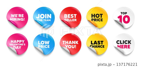 Hiring sticker tag. Top 10, Best seller, Hot price banners. We are hiring tag. Recruitment agency sign. Hire employees symbol. Join our team sticker. Vector 137176221
