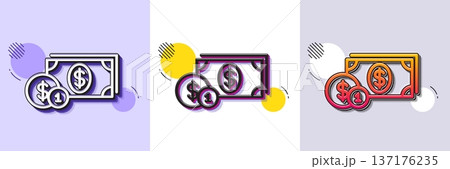 Cash money with Coins line icon. Halftone dotted pattern. Gradient icon with grain shadow. Banking currency sign. Dollar or USD symbol. Line dollar money icon. Various designs. Vector 137176235