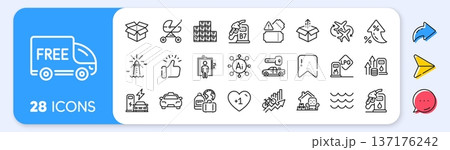 Send box, Free delivery and Car key line icons. Interest rate, AI generate, Inflation icons. Pack of Charging station, Waves, Baby carriage icon. Vector Send box, Free delivery and Car key line icons. Interest rate, AI generate, Inflation icons. Pack of Charging station, Waves, Baby carriage icon. Vector 137176242
