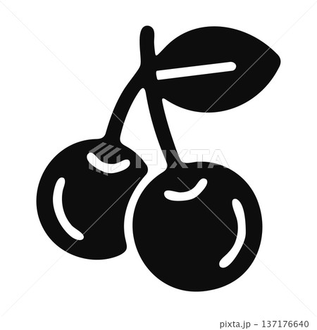 Simple black and white cherry icon with two berries and a leaf 137176640