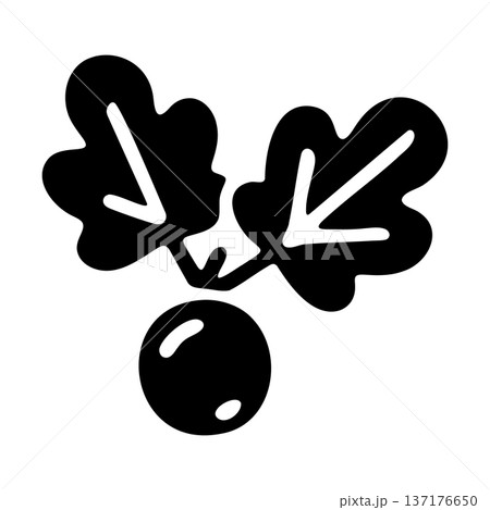 Minimalist black and white illustration of a single berry with leaves 137176650