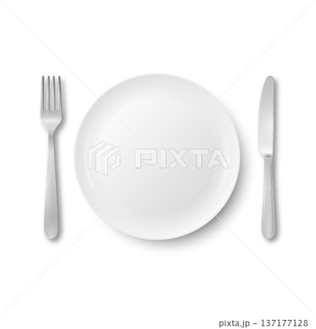 Vector White Empty Plate with Fork and Knife. Table Setting Top View. Minimal Dinnerware Mockup for Restaurant Menu. Clean Ceramic Dish and Silver Cutlery. Dining Place Setting Isolated 137177128