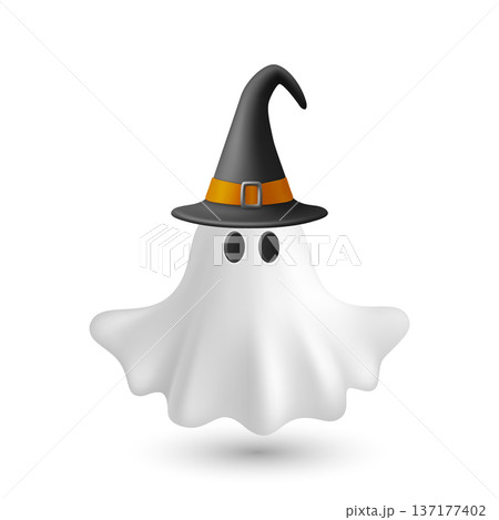 Vector 3d White Ghost with Witch Hat, Isolated. Cute Simple White Ghost Vector Illustration. Halloween Ghost Character with Black Wizard Hat and Floating Sheet. Design Template for Halloween 137177402