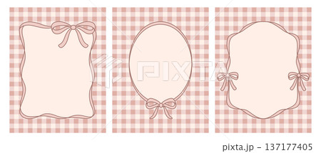 Pink Gingham Frame Templates Set with Bows. Cute Blank Label Cards for Wedding Invitation, Baby Shower and Scrapbooking. Pastel Checkered Background. Feminine Vintage Border Design, Vector 137177405