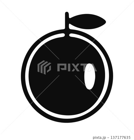 Black and white icon of an orange or citrus fruit with leaves Black and white icon of an orange or citrus fruit with leaves 137177635