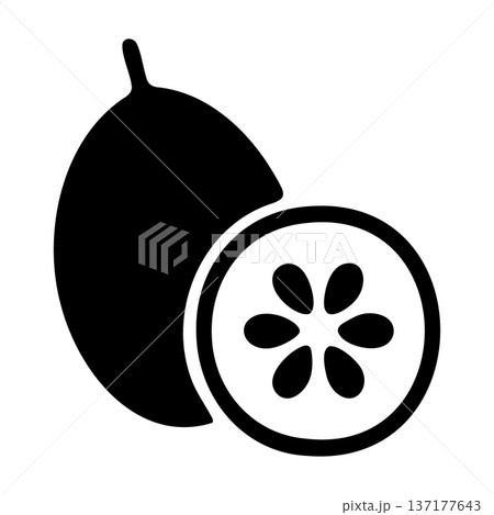 Black silhouette of a quince fruit with a slice showing seeds 137177643