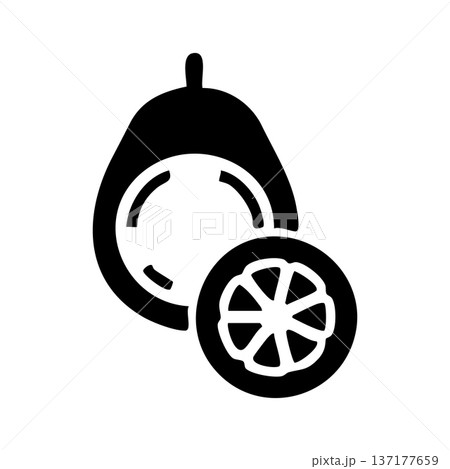 Black and white icon of a halved guava with seeds and a slice, stylized tropical fruit graphic 137177659