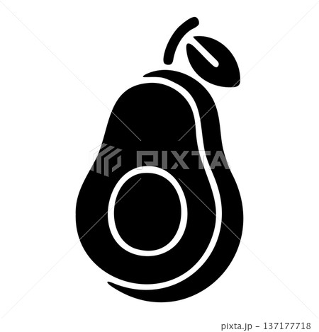 Stylized Halved Avocado Icon with Pit and Leaf, Modern Black Vector Design 137177718