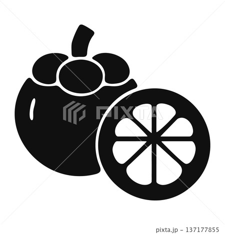 Stylized black silhouette of a mangosteen fruit and a slice, representing exotic food and tropical produce 137177855