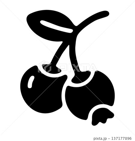 Clean Black Glyph Berries Icon with Stem and Leaf, Ideal for Healthy Eating Graphics 137177896
