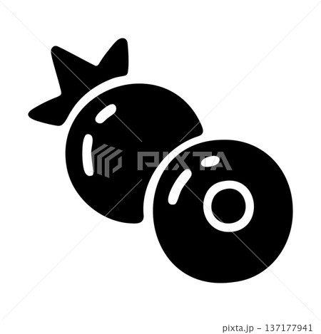 Simple Black Glyph Icon of Two Fresh Blueberries or Cranberries with Calyxes 137177941