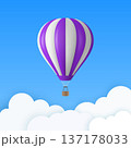 Vector Travel Banner with 3d Realistic White and Purple Hot Air Balloon Icon on a Blue Sky Background. Design Template, Summer Vacation, Travelling, Tourism and Journey Concept 137178033