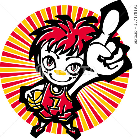 バスケットボールイラスト＜少年・子供・笑う・一番・カッコいい・赤＆黄・集中線＞ 137178191