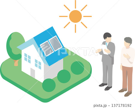 ソーラーパネル住宅を検討する家族と男性スタッフ。太陽光発電・ZEH・不動産、アイソメトリックイラスト 137178192