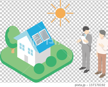 ソーラーパネル住宅を検討する家族と男性スタッフ。太陽光発電・ZEH・不動産、アイソメトリックイラスト 137178192