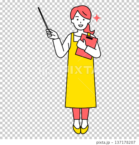 一位身穿圍裙的女士正用指示棒進行講解（全身照） 137178207