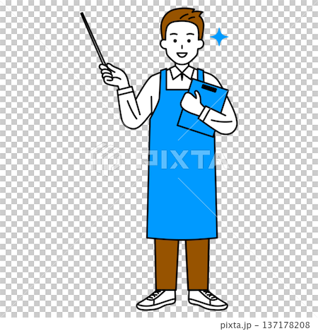 A man in an apron explaining with a pointer (full body) A man in an apron explaining with a pointer (full body) 137178208