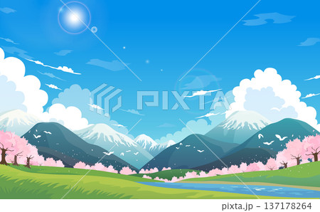 雪山と桜並木が並ぶ春の景色のイラスト_横 137178264