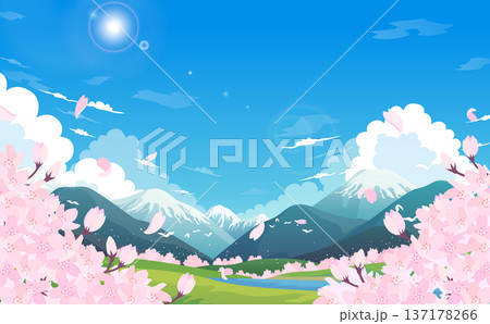 雪山と桜並木と満開の桜のイラスト_横 137178266