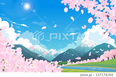 雪山と桜並木と満開の桜のイラスト2_横 137178268