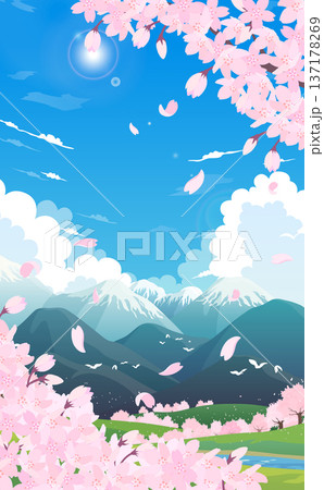 雪山と桜並木と満開の桜のイラスト2_縦 137178269