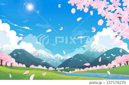 雪山と桜並木と満開の桜のイラスト3_横 137178270