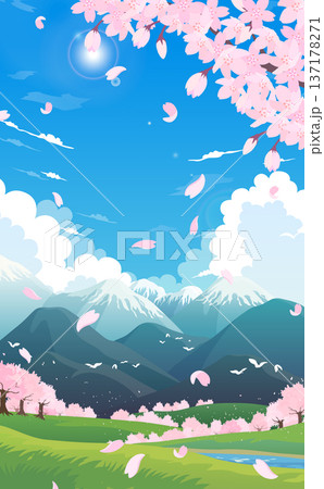 雪山と桜並木と満開の桜のイラスト3_縦 雪山と桜並木と満開の桜のイラスト3_縦 137178271