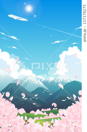 満開の桜と春の景色と飛行機のイラスト1_縦 満開の桜と春の景色と飛行機のイラスト1_縦 137178275