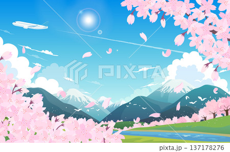 満開の桜と春の景色と飛行機のイラスト2_横 満開の桜と春の景色と飛行機のイラスト2_横 137178276