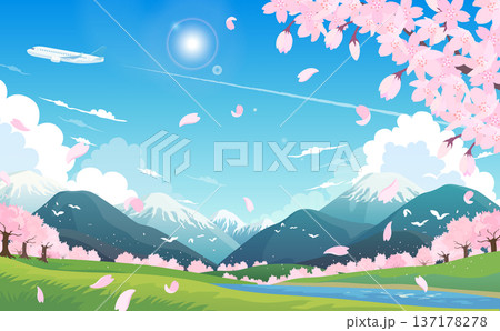 満開の桜と春の景色と飛行機のイラスト3_横 137178278