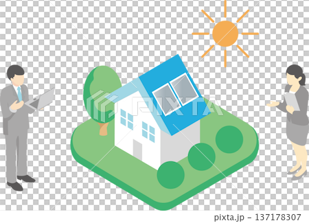 ソーラーパネル住宅の導入を相談するビジネススタッフ。太陽光発電・不動産ビジネス・アイソメトリック 137178307