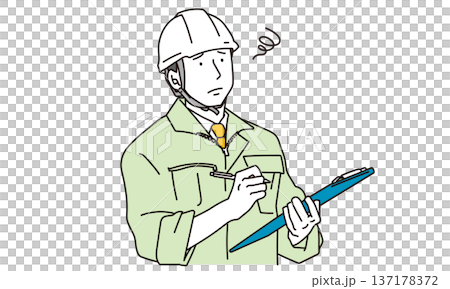 一幅簡單的插圖,描繪了一個穿著工作服、表情憂慮的男人。 一幅簡單的插圖,描繪了一個穿著工作服、表情憂慮的男人。 137178372