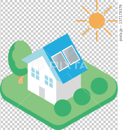 帶有太陽能電池板的房屋等距插圖。向量素材，適用於太陽能發電、零能耗建築和節能住宅。 137178376
