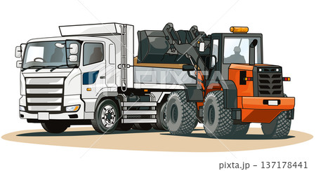 ダンプに土砂を積み込むホイールローダー 137178441