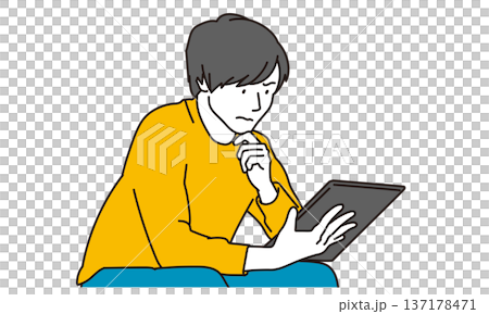 難しい表情でタブレットとにらめっこをする男性イラスト 137178471