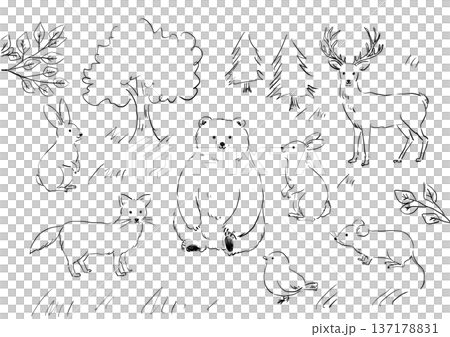 シンプルな手描きの森の動物イラスト シンプルな手描きの森の動物イラスト 137178831