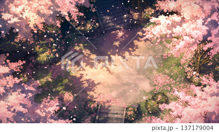 春の空に広がる桜の花。淡い光が差し込む幻想的な雰囲気が、癒しや静寂を表現するのにぴったりな和風背景 137179004