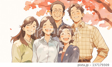 花びら舞う春の公園で仲良い家族の姿を描いた温かみあるイラスト素材家族愛や団らんをテーマ 137179309